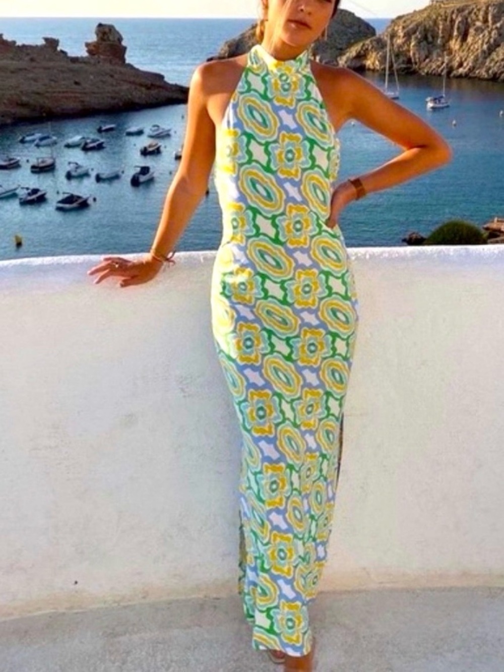 Zara Green Yellow Geometric Halter Maxi Dress Open Back Retro Mod Print Size M